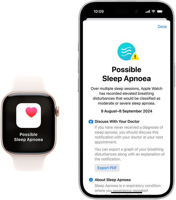 Apple Watch and iPhone devices displaying Possible Sleep Apnea notifications in the Health app.