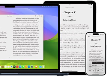 MacBook?Pro and iPad?Air display a page from the same ebook in the Books app. Apple?Watch and iPhone?15 screens display a book cover from the same audiobook. An AirPod?Pro case open to show both AirPod?Pro earbuds.