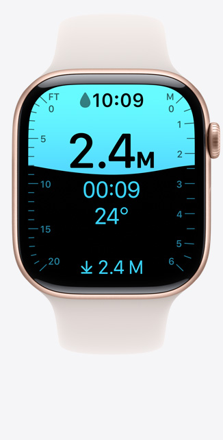 Front view of a Depth app screen on Apple Watch Series 10 showing a dive to 2 metres.