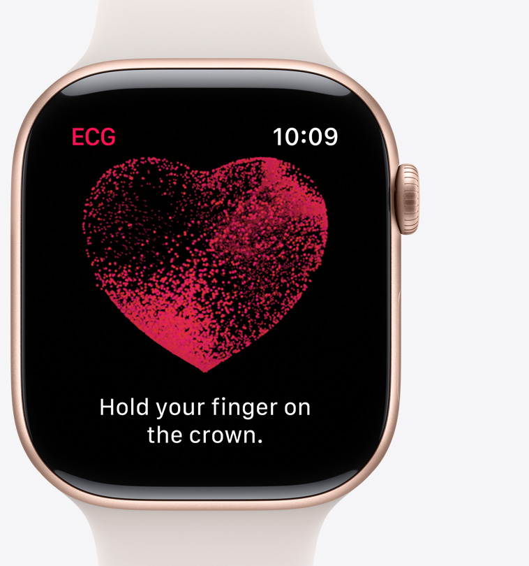 Front view of the ECG app on Apple Watch Series 10 showing a waveform and the countdown timer at 22 seconds.