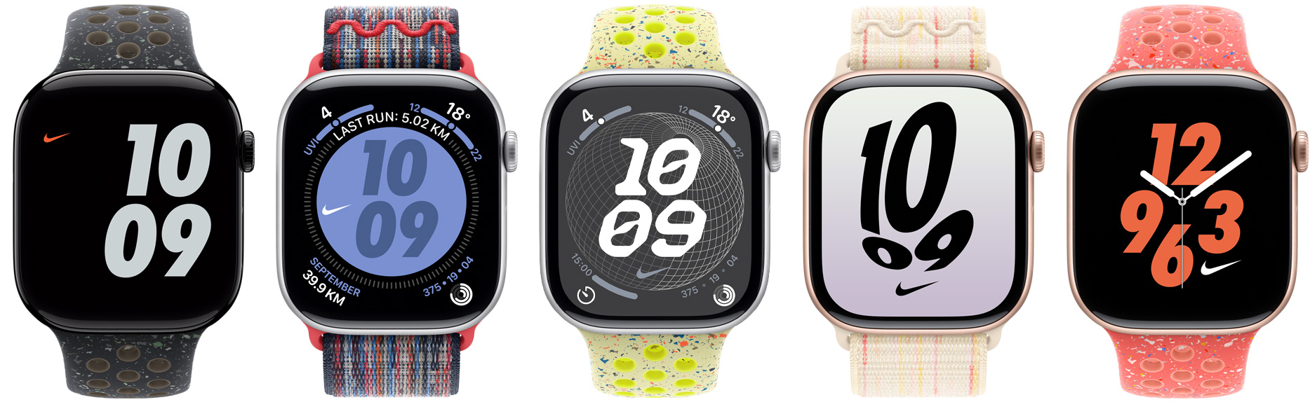 P?? hodiniek Apple Watch so ?portovymi remienkami a slu?kami Nike s ciferníkom Nike v r?znych farbách