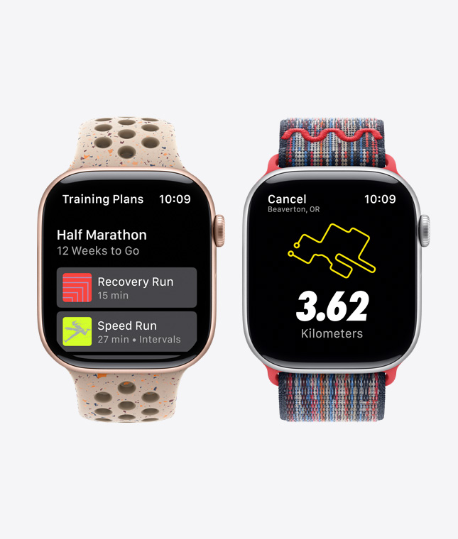 Dvoje hodinky Apple Watch ukazujúce funkcie Nike Run Club vrátane tréningovych plánov a riadenych behov