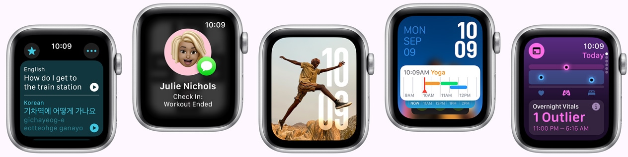 P?? hodiniek Apple Watch s apkami Tlmo?ník, Sprevádzanie, ciferníkom Fotky, modulárnym ciferníkom a apkou Vitálne funkcie