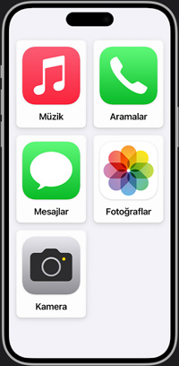 Müzik, Aramalar, Mesajlar, Foto?raflar ve Kamera uygulamalar?n? g?steren sadele?tirilmi? iPhone ana ekran?.