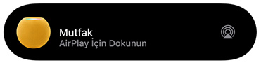 Bir AirPlay grafi?i, "mutfak" ba?l??? olan bir HomePod mini'ye müzik ?al?n?rken g?steriyor.