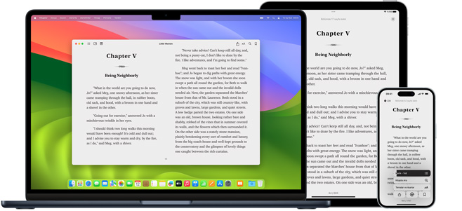 MacBook?Pro ve iPad?Air, Books uygulamas? üzerinden ayn? e-kitab?n bir sayfas?n? g?steriyor. Apple?Watch ve iPhone?15 ekranlar?nda ayn? sesli kitab?n kapa?? g?rünüyor. Her iki AirPods?Pro kulakl???n? i?inde g?steren a??k bir AirPod Pro kutusu