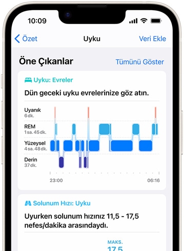 Sa?l?k uygulamas?nda Uyku Evreleri’ni g?steren bir iPhone.