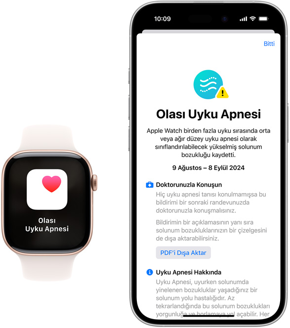 Sa?l?k uygulamas?nda Olas? Uyku Apnesi bildirimi g?steren Apple Watch ve iPhone ayg?tlar?.