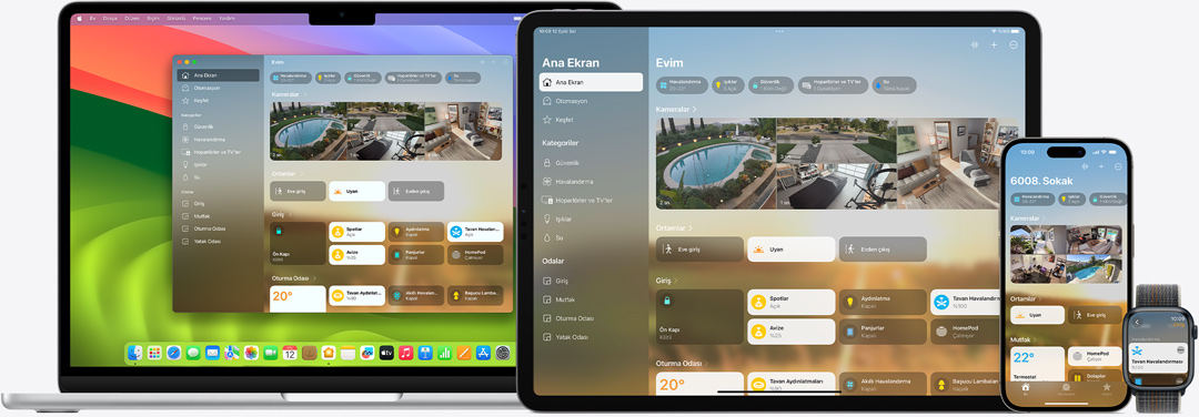Ev uygulamas?n?n arayüzü Mac, iPad, iPhone ve Apple Watch ekranlar?nda g?steriliyor.