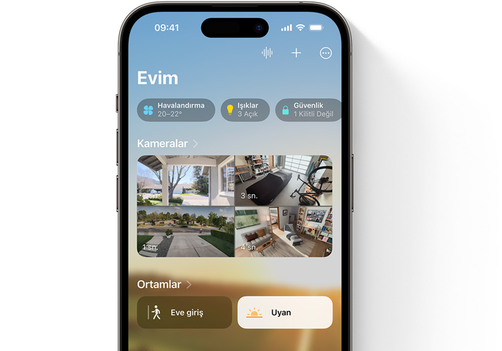 Bir iPhone, Ev Uygulamas?'ndaki 'Evim' kullan?c? arayüzünü g?steriyor.