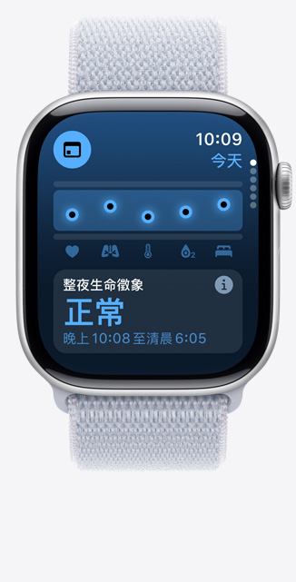 Apple Watch Series 10 的正面圖，螢?zāi)徽故旧缦?app 的畫面，顯示整夜健康測量指標(biāo)為正常