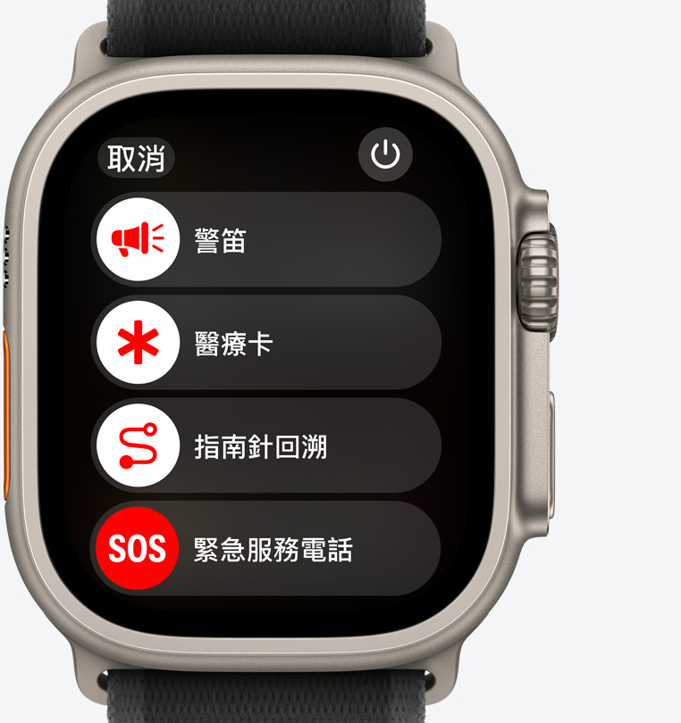 Apple Watch Ultra 2 的正面圖，顯示警笛、醫(yī)療卡、指南針回溯和緊急服務(wù)電話按鈕。