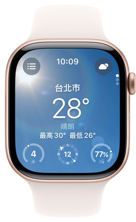 Apple Watch 螢?zāi)伙@示天氣 app。