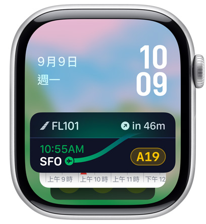 Apple Watch 螢?zāi)伙@示航班資訊。