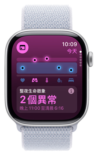 Apple Watch 螢?zāi)伙@示整夜生命徵象，有 2 項異常數(shù)值。