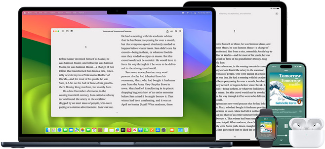 MacBook Pro and iPad Air display a page from the same ebook in the Books app. Apple Watch and iPhone 15 screens display a book cover from the same audiobook. An AirPod Pro case open to show both AirPod Pro earbuds.