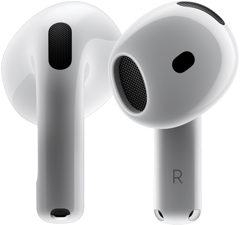 Dve slúchadlá AirPods?4, ktoré okolo seba krú?ia a?zastanú v?r?znych uhloch.