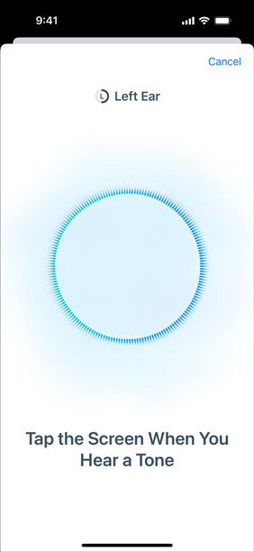 iPhone showing the Hearing?Test in progress next to the AirPods Pro 2