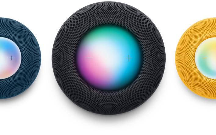 Mavi bir HomePod mini, Gece Yar?s? renginde bir HomePod ve sar? bir HomePod mini’nin yukar?dan ?ekilmi? g?rüntüsü. Siri etkinle?tirilmi? durumda.