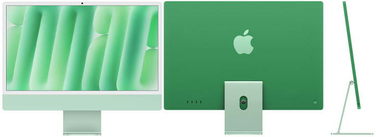 Front, back, and side view of iMac in green