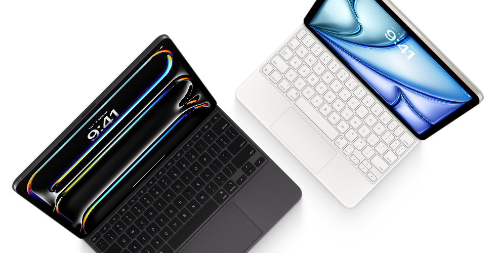 Poh?ad zhora na iPad Pro s prichytenou ?iernou klávesnicou Magic Keyboard k?iPadu?Pro a iPad Air prichyteny k bielej klávesnici Magic Keyboard.