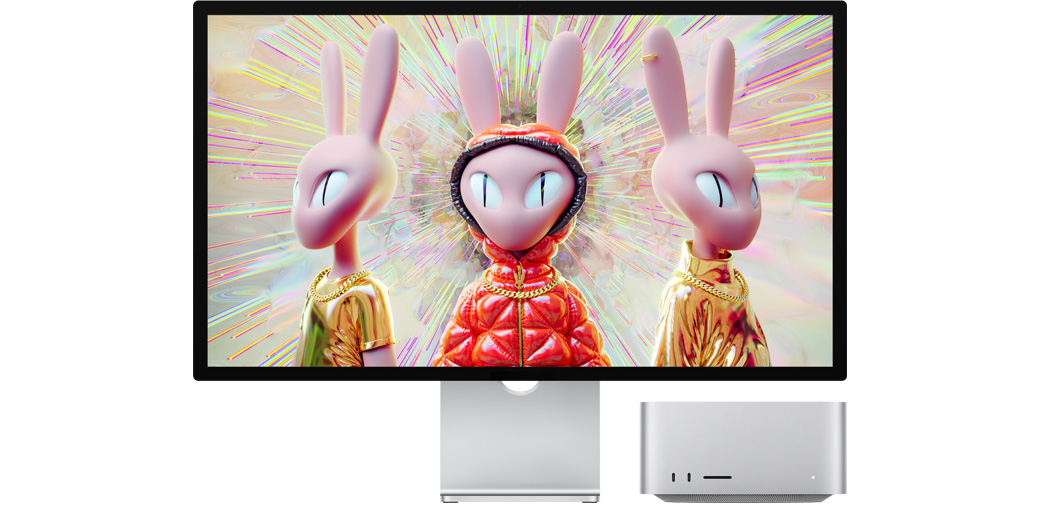 Mac Studio 旁邊是 Studio Display，正顯示擬人兔子的3D 人物圖像。