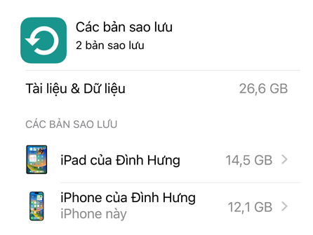 Màn hình hi?n th? d? li?u s? d?ng Sao L?u iCloud