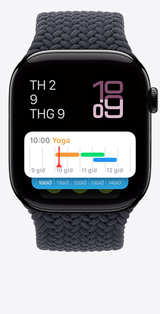Góc chính di?n c?a m?t màn hình Ng?n X?p Th?ng Minh trên Apple Watch Series 10 hi?n th? ti?n ích th?i ti?t.