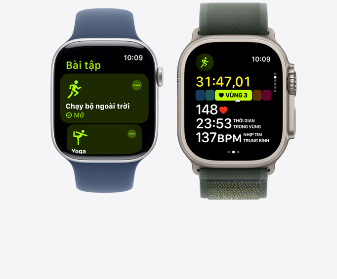Góc chính di?n Apple Watch Series 10 và Apple Watch Ultra 2 hi?n th? màn hình Bài T?p Yoga và màn hình Bài T?p Ch?y b? v?i các ch? s?.