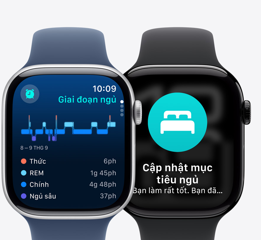 M?t tr??c c?a hai chi?c Apple Watch Series 10 hi?n th? màn hình Các Giai ?o?n Ng? và th?ng báo Có Th? Ng?ng Th? Khi Ng?.