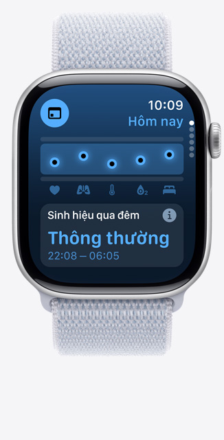 Góc chính di?n màn hình ?ng d?ng Sinh Hi?u trên Apple Watch Series 10 cho th?y các ch? s? s?c kh?e qua ?êm ? m?c bình th??ng