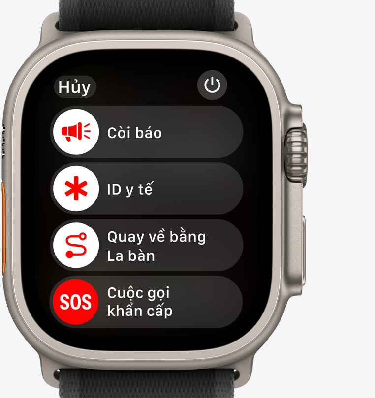 M?t tr??c c?a Apple Watch Ultra 2 hi?n th? các nút Còi Báo, ID Y T?, La Bàn Quay V? và Cu?c G?i Kh?n C?p.