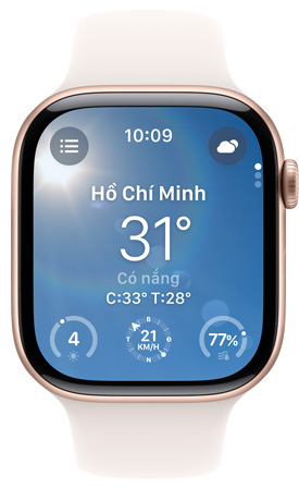 Màn hình m?t chi?c Apple Watch ?ang hi?n th? ?ng d?ng Th?i Ti?t